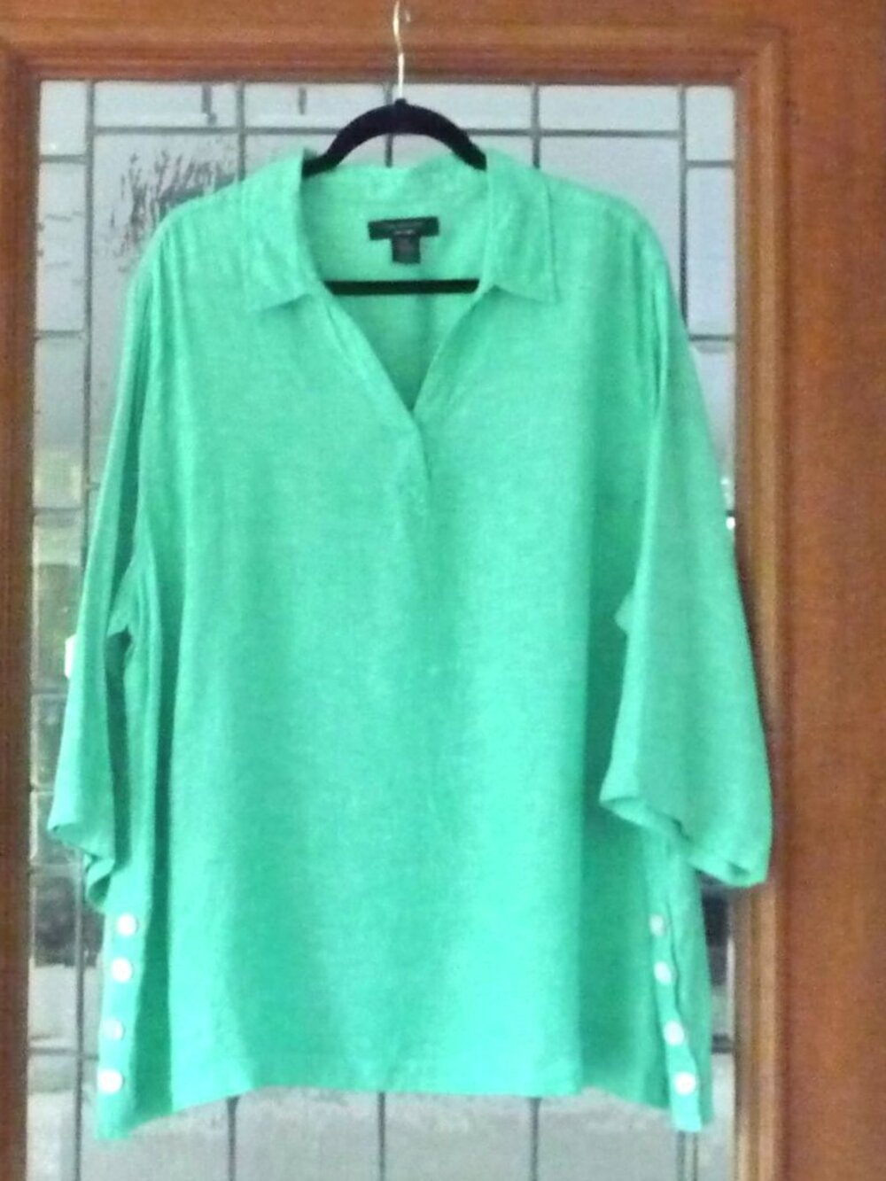 Tahari 2X 100% Linen Green Lagenlook Oversized Tunic Top Button Slits
